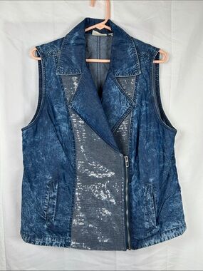Chico’s Denim Style Sequin Vest Women’s Large Blue Zip Front